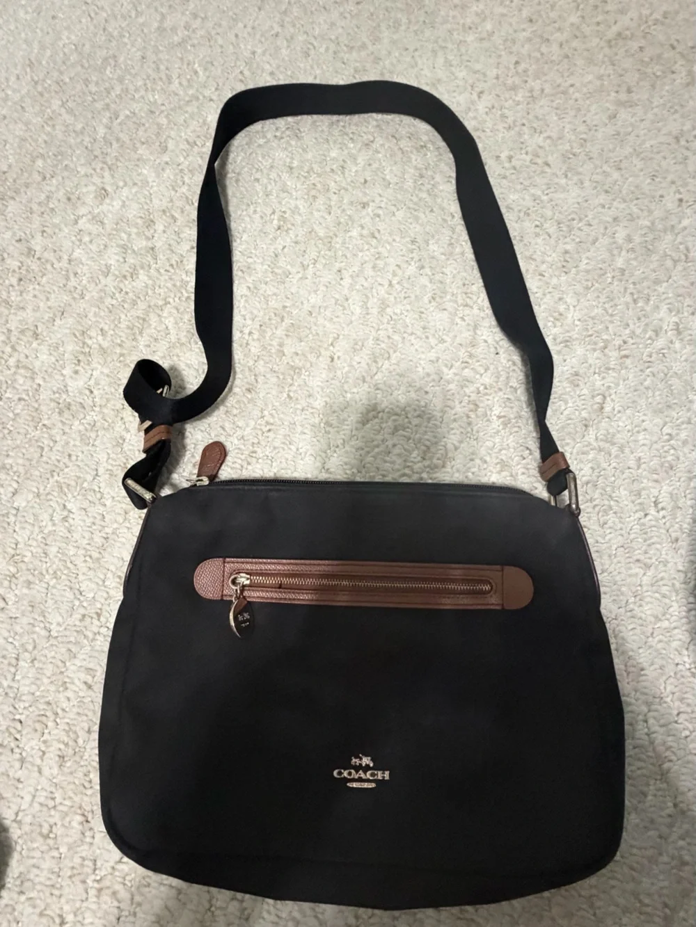 Coach Black Messenger Bag with Brown Leather Trim